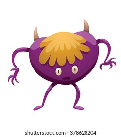 Vector cartoon image of funny purple monster with two horns on his head and with yellow hair, with two legs, two eyes and a mouth, standing on a white background. Halloween. Vector illustration.