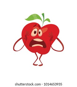 Vector cartoon image of a funny red apple with green leaves standing with a frightened expression on its face on a white background. Emotions, emoji, character. Vector illustration.