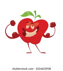 Vector cartoon image of a funny red apple with green leaves standing, showing its muscles and smiling on a white background. Emotions, emoji, character. Vector illustration.