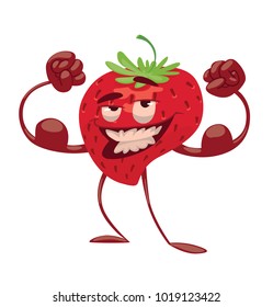 Vector cartoon image of a funny red strawberry with green leaves standing, showing its muscles and smiling on a white background. Emotions, emoji, character. Vector illustration.