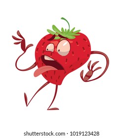Vector cartoon image of a funny red strawberry with green leaves standing with an expression of disgust on its face on a white background. Emotions, emoji, character. Vector illustration.