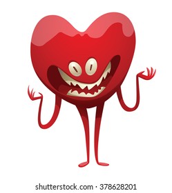 Vector cartoon image of a funny red monster in the form of heart symbol with two legs, arms, two eyes, mouth and sharp teeth standing and smiling on a white background. Halloween. Vector illustration.