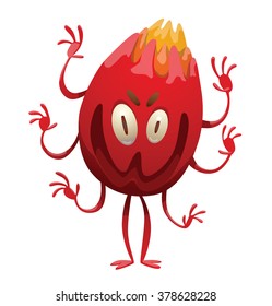 Vector cartoon image of funny red monster with colorful spikes on his head, with two legs and six arms, with two eyes and a big mouth standing on a white background. Halloween. Vector illustration.