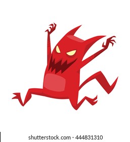 Vector cartoon image of funny red devil with horns and tail running somewhere and smiling on a white background. Vector cartoon illustration of devil.