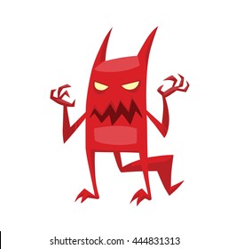 Vector cartoon image of funny red devil with horns and tail standing with his arms raised on a white background. Vector cartoon illustration of devil.