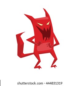 Vector cartoon image of funny red devil with horns and tail standing and laughing on a white background. Vector cartoon illustration of devil.