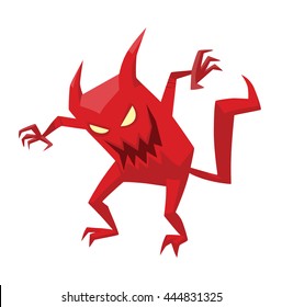 Vector cartoon image of funny red devil with horns and tail standing and frightening someone on a white background. Vector cartoon illustration of devil.