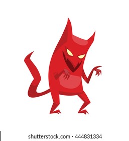 Vector cartoon image of funny red devil with horns and tail standing and smiling on a white background. Vector cartoon illustration of devil.