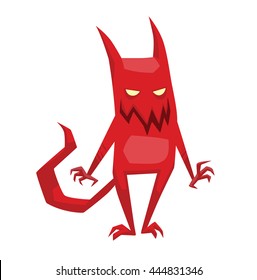 Vector cartoon image of funny red devil with horns and tail standing on a white background. Vector cartoon illustration of devil.