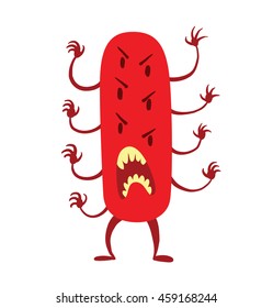 Vector cartoon image of a funny red bacteria with six eyes and eight arms standing and frightening someone on a white background. Vector illustration of a virus, bacteria.