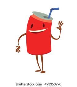 Vector cartoon image of funny red can of fizzy drink with a blue straw, standing and smiling on a white background. Drink, soda, sweet. Vector illustration.