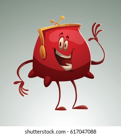 Vector cartoon image of a funny red purse standing, waving his hand and smiling on a light gray background. Money, finance, business. Vector illustration.