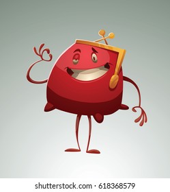 Vector cartoon image of a funny red purse standing, showing a sign OK and smiling on a light gray background. Money, finance, business. Vector illustration.