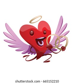 Vector cartoon image of a funny red heart with lilac wings and a golden halo, with two gold wedding rings in hands, smiling on a white background. St. Valentine's Day, love. Vector illustration.