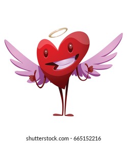 Vector cartoon image of a funny red heart with lilac wings and a golden halo, standing, showing thumbs up and smiling on a white background. St. Valentine's Day, love. Vector illustration.
