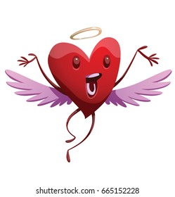 Vector cartoon image of a funny red heart with lilac wings and a golden halo, flying and laughing on a white background. St. Valentine's Day, love. Vector illustration.