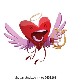 Vector cartoon image of a funny red heart with lilac wings and a golden halo, singing a song and playing on a gold lyre on a white background. St. Valentine's Day, love. Vector illustration.