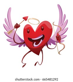 Vector cartoon image of a funny red heart with lilac wings and a golden halo, with bow and arrow in hands, smiling on a white background. St. Valentine's Day, love. Vector illustration.