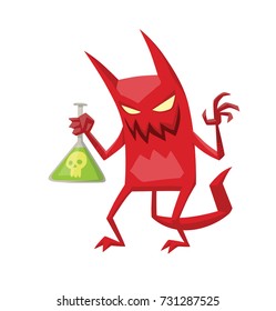 Vector cartoon image of a funny red devil with horns and tail standing with a green bulb with poison in his hand and smiling on a white background. Demon, positive character, business, halloween. 