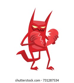 Vector cartoon image of a funny red devil with horns and tail standing with a red broken heart in his hands and smiling on a white background. Demon, positive character, business, halloween. 