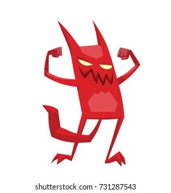 Vector cartoon image of a funny red devil with horns and tail standing, showing his muscles and smiling on a white background. Demon, positive character, business, halloween. Vector illustration.