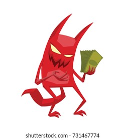 Vector cartoon image of a funny red devil with horns and tail standing with green money in hand and smiling on a white background. Demon, positive character, business, halloween. Vector illustration