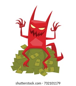 Vector cartoon image of a funny red devil with horns and tail sitting on a green pile of money and smiling on a white background. Demon, positive character, business, halloween. Vector illustration.