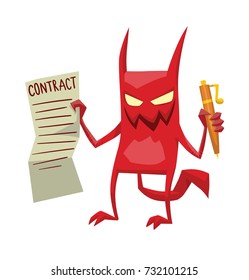 Vector cartoon image of a funny red devil with horns and tail standing with a contract and a pen in his hands and smiling on a white background. Demon, positive character, business, halloween. 