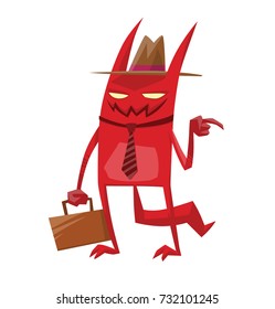 Vector cartoon image of a funny red devil with horns and tail in a tie and hat standing with a briefcase in his hand and smiling on a white background. Demon, positive character, business, halloween.