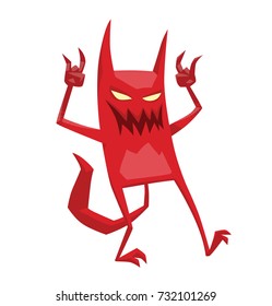 Vector cartoon image of a funny red devil with horns and tail standing with hands raised up and smiling on a white background. Demon, positive character, business, halloween. Vector illustration.