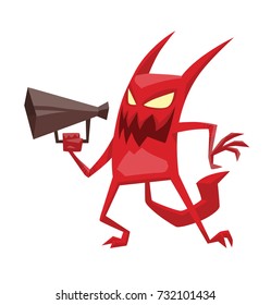 Vector cartoon image of a funny red devil with horns and tail standing with a black megaphone in his hand and smiling on a white background. Demon, positive character, business, halloween. 