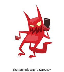 Vector cartoon image of a funny red devil with horns and tail standing with a black smartphone in his hand and smiling on a white background. Demon, positive character, business, halloween.