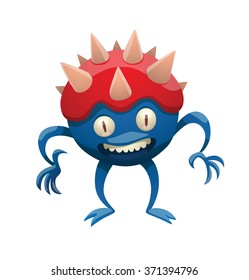 Vector cartoon image of funny round blue monster with two eyes, one mouth, two arms and two legs, with red head with pink thorns on a white background. Halloween. Vector illustration.