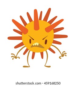 Vector cartoon image of a funny round yellow bacteria with thick orange spikes standing and frightening someone on a white background. Vector illustration of a virus, bacteria.