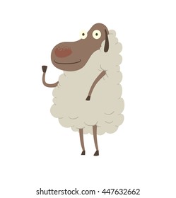 Vector cartoon image of funny sheep with a gray face and white wool standing, waving her hoof and smiling on a white background. Vector illustration of a sheep.