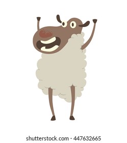 Vector cartoon image of funny sheep with a gray face and white wool, standing with her front hooves up and smiling on a white background. Vector illustration of a sheep.