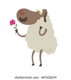 Vector cartoon image of funny sheep with a gray face and white wool, standing with pink flower in her hoof and smiling on a white background. Vector illustration of a sheep.