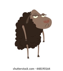 Vector cartoon image of funny sheep with a gray face and black wool, standing with a sad expression on her face on a white background. Vector illustration of a sheep.