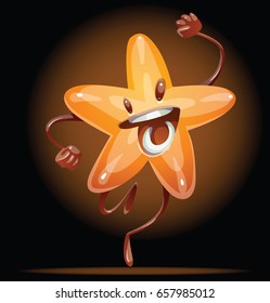 Vector cartoon image of a funny shiny golden star happily dancing and smiling in a circle of light on a dark background. Award, positive character, mascot. Vector illustration.