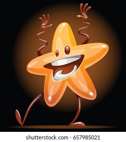 Vector cartoon image of a funny shiny golden star standing and happily waving hands in a circle of light on a dark background. Award, positive character, mascot. Vector illustration.