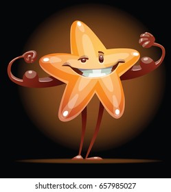 Vector cartoon image of a funny shiny golden star standing, showing muscles and smiling in a circle of light on a dark background. Award, positive character, mascot. Vector illustration.