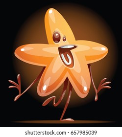 Vector cartoon image of a funny shiny golden star standing on one leg and happily smiling in a circle of light on a dark background. Award, positive character, mascot. Vector illustration.