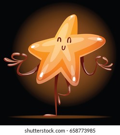 Vector cartoon image of a funny shiny golden star standing on one leg and meditating in a circle of light on a dark background. Award, positive character, mascot. Vector illustration.
