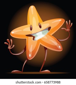 Vector cartoon image of a funny shiny golden star standing and rejoicing in a circle of light on a dark background. Award, positive character, mascot. Vector illustration.