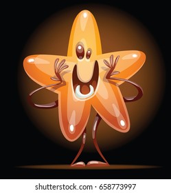 Vector cartoon image of a funny shiny golden star happily standing in a circle of light on a dark background. Award, positive character, mascot. Vector illustration.