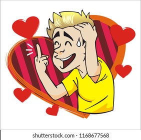 Vector cartoon image of a funny  showing middle finger over heart.