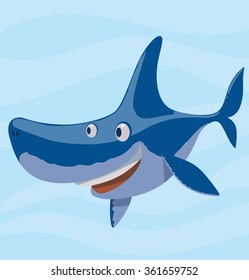 Vector cartoon image of a funny smiling blue shark on a light blue sea background. Sea life. Vector illustration.