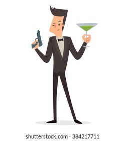 Vector cartoon image of a funny super agent with black hair in a black tuxedo, white shirt and black bow tie with a gun and green cocktail in hands standing on a white background. Vector illustration.