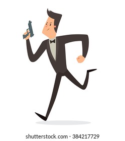 Vector cartoon image of a funny super agent with black hair in a black tuxedo, white shirt and black bow tie with a gray gun in his hand running on a white background. Vector illustration.
