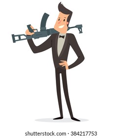 Vector cartoon image of a funny super agent with black hair in a black tuxedo, white shirt and black bow tie with a gray machine gun in his hand standing on a white background. Vector illustration.